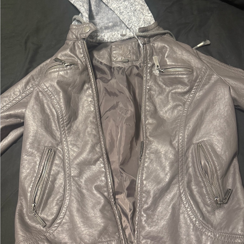 Stylish Gray Leather Jacket with Hoodie